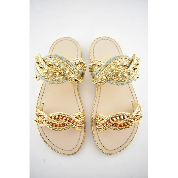 Christian Louboutin Normandie Flat Rope Gold Leather Spike Slip Slide Sandal 36 - Picture 7 of 11